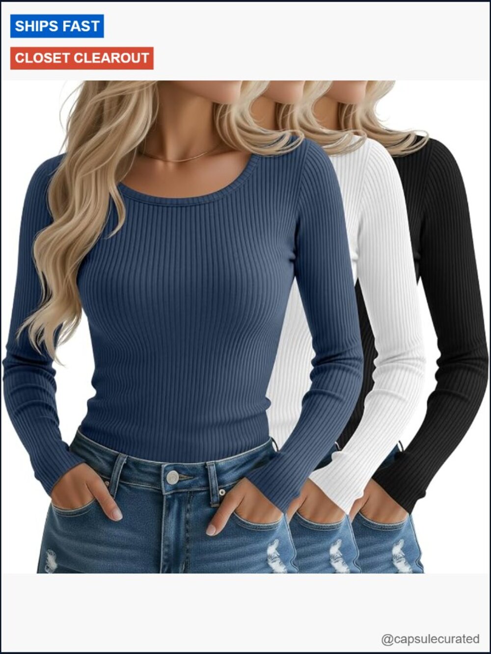 3 Pack Long Sleeve Crew Neck Tops Slim Fit Knit Tees Stretch Basic Shirt